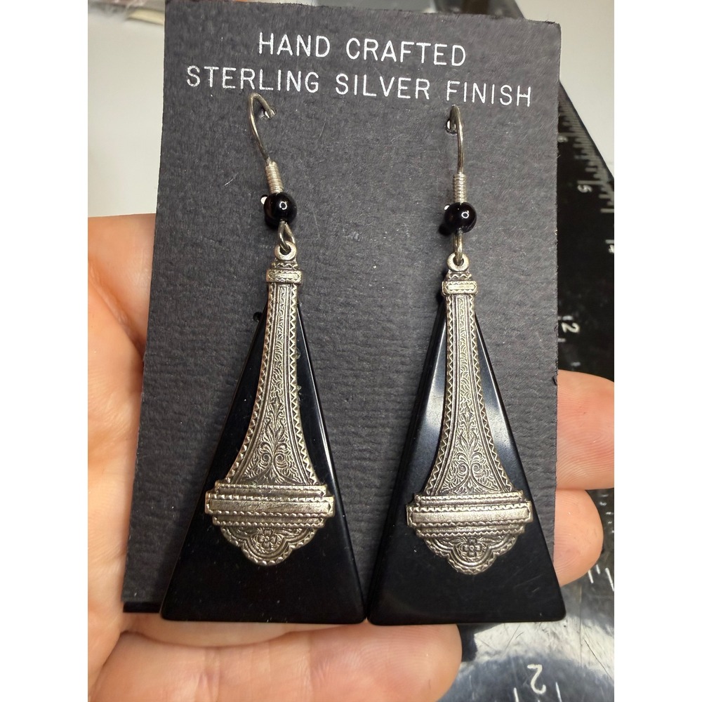 Hand Crafted Black Triangle Drop Earrings Sterling Silver Finish Filigree Deco